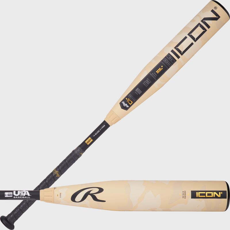 Two Images of a 2025 Rawlings Icon USA Baseball -10 bat showing both sides of the barrel loading=
