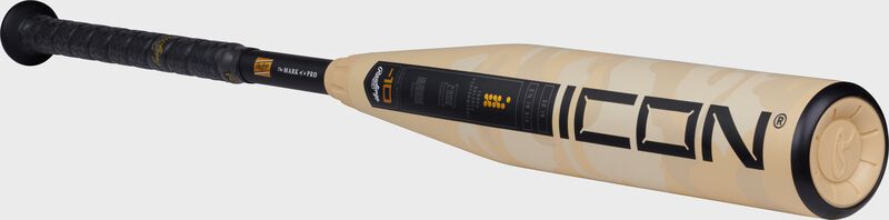 Angled view of a Rawlings Icon 2025 USA Baseball bat with the Icon logo on the barrel loading=