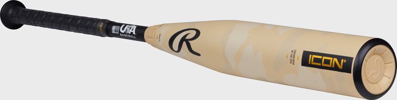 Angled view of a tan/black -10 Rawlings Icon USA Baseball bat loading=