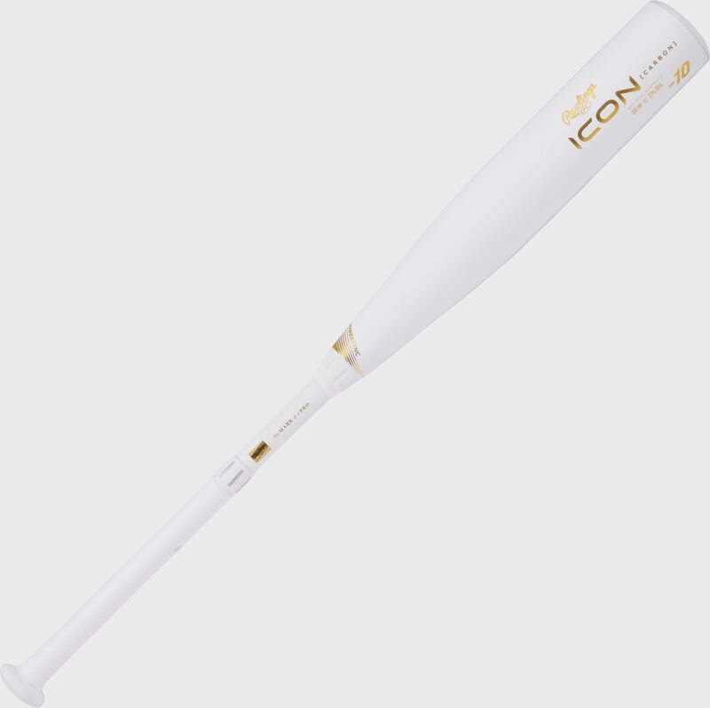 A white 2024 Rawlings Icon USSSA baseball bat with gold accents - SKU: RUT4I10 loading=
