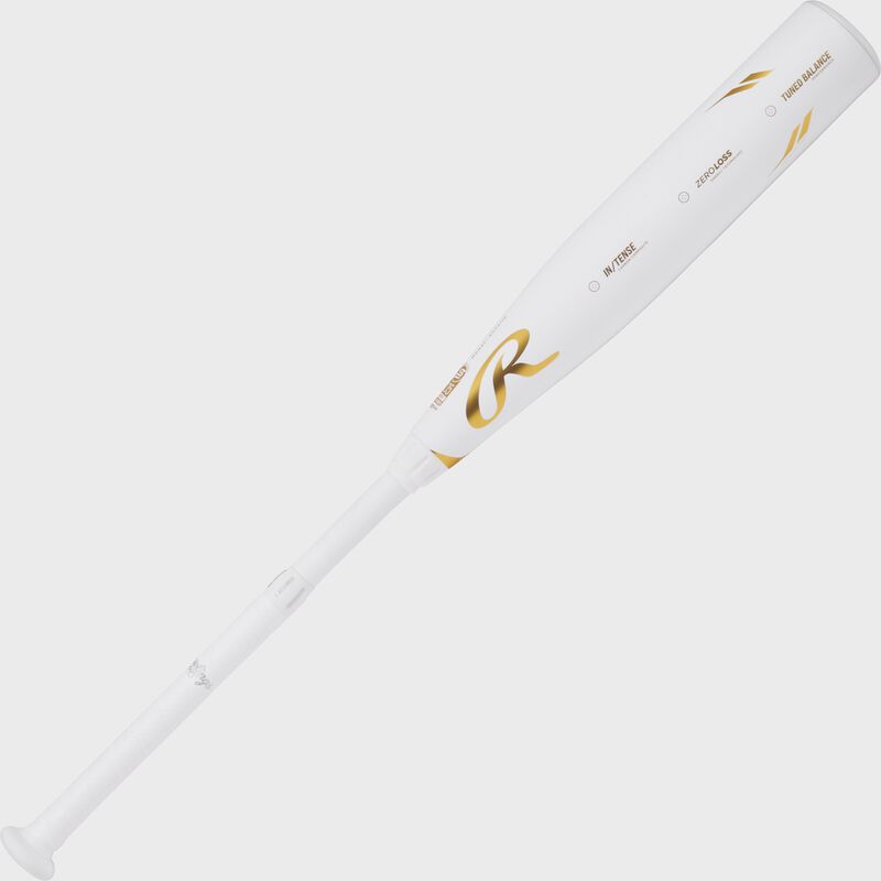 A full view of a white Icon -10 USSSA baseball bat shown bottom left to top right - SKU: RUT4I10 loading=