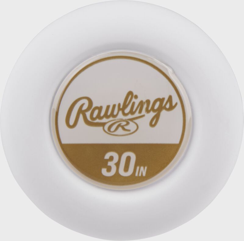 White knob of a 30" Icon USSSA baseball bat with a gold sticker - SKU: RUT4I10 loading=