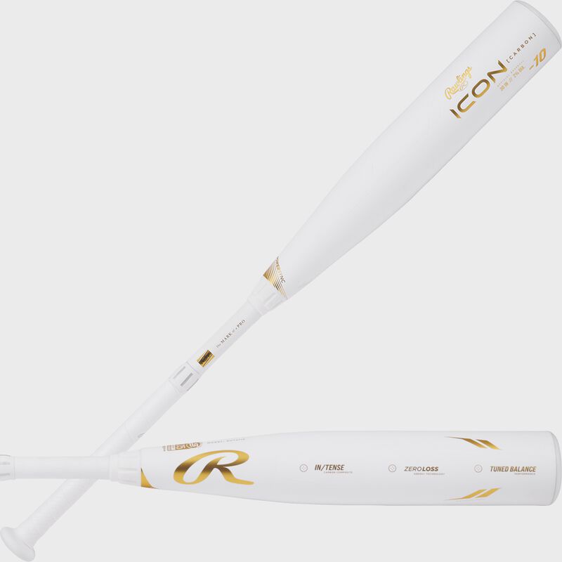 2 views showing both sides of the barrel of a white Icon -10 USSSA baseball bat - SKU: RUT4I10 loading=
