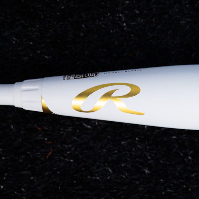 Gold Rawlings "R" logo on a white Rawlings USSSA Icon baseball bat - SKU: RUT4I loading=