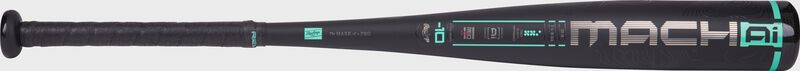 Side image of a black Mach AI USSSA -10 bat with the Mach AI logo on the barrel loading=
