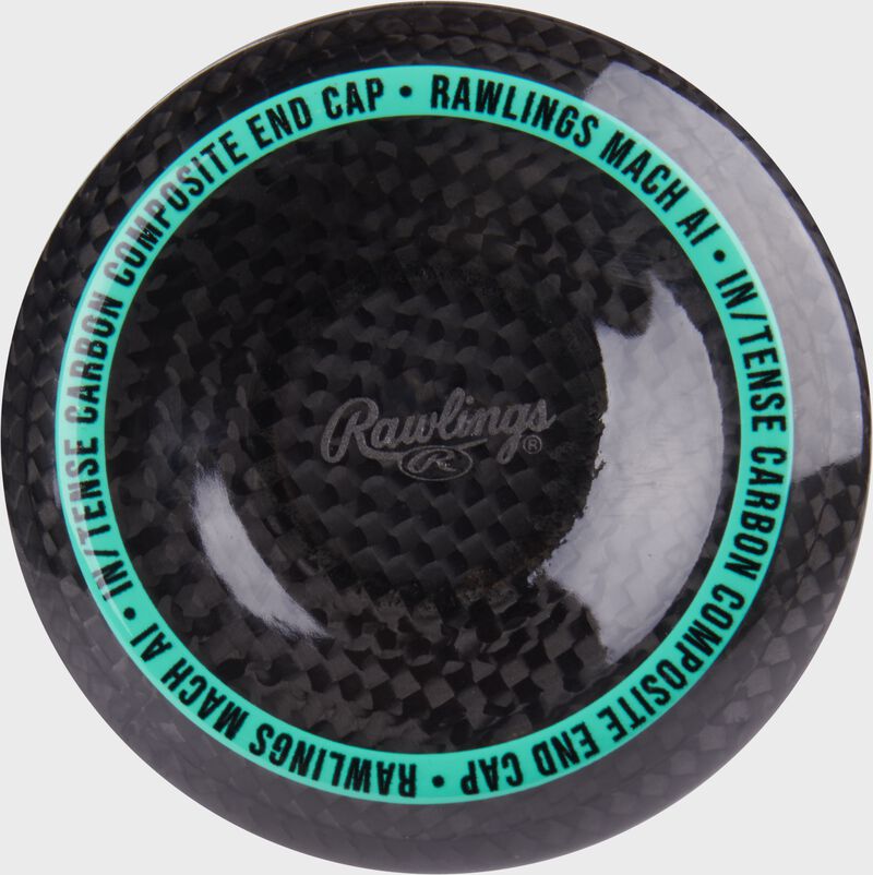 Black/mint composite end cap of a Rawlings Mach AI -10 USSSA bat loading=