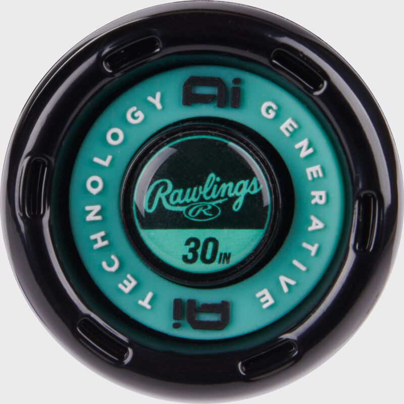 Black/mint knob of a Rawlings Mach AI 30 in -10 USSSA bat loading=