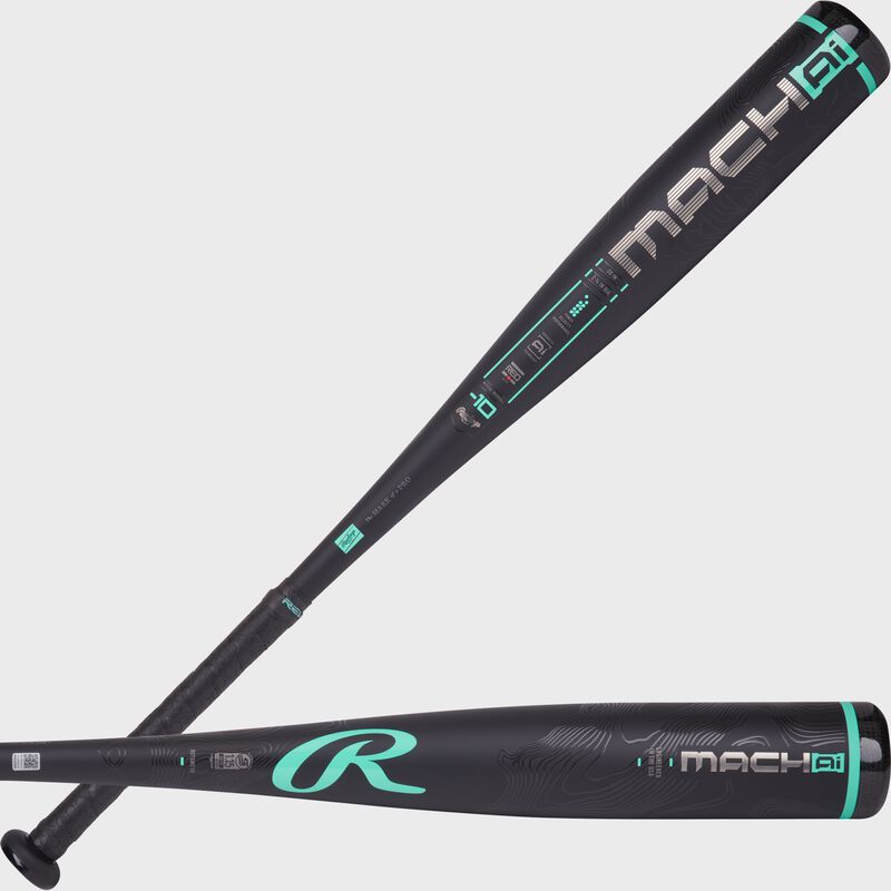 Two images of a black Rawlings Mach AI USSSA -10 bat showing both sides of the barrel loading=