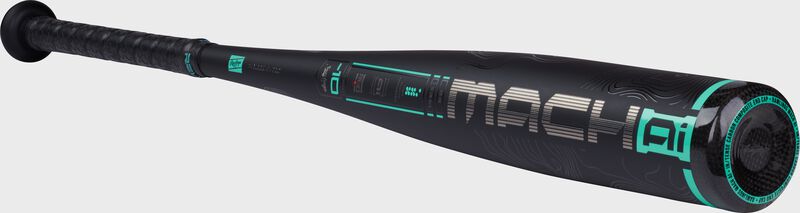 Angled image of a black Rawlings Mach AI -10 USSSA bat with the Mach AI logo on the barrel loading=