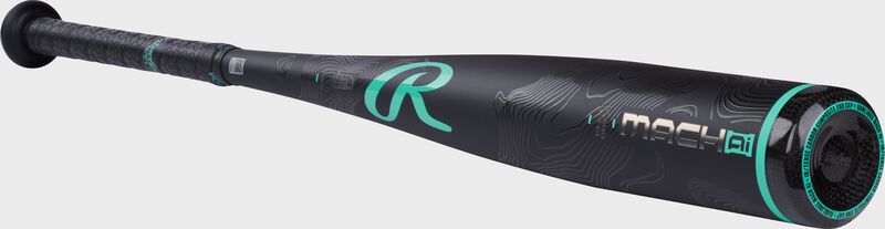 Angled view of a black Mach AI -10 USSSA baseball bat with the "R" logo above the handle loading=